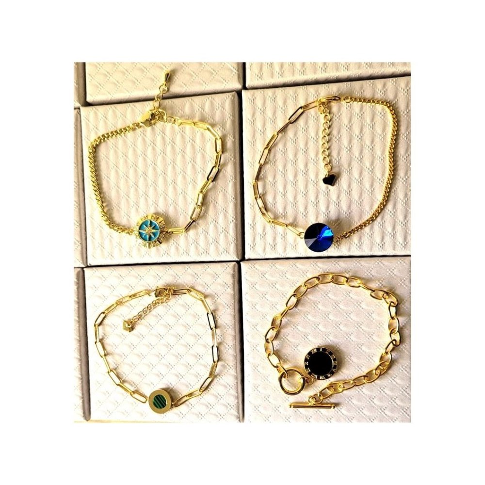 New Assorted 4 Pieces Paperclip Link with Charm Decor Bracelets Toggle Extender